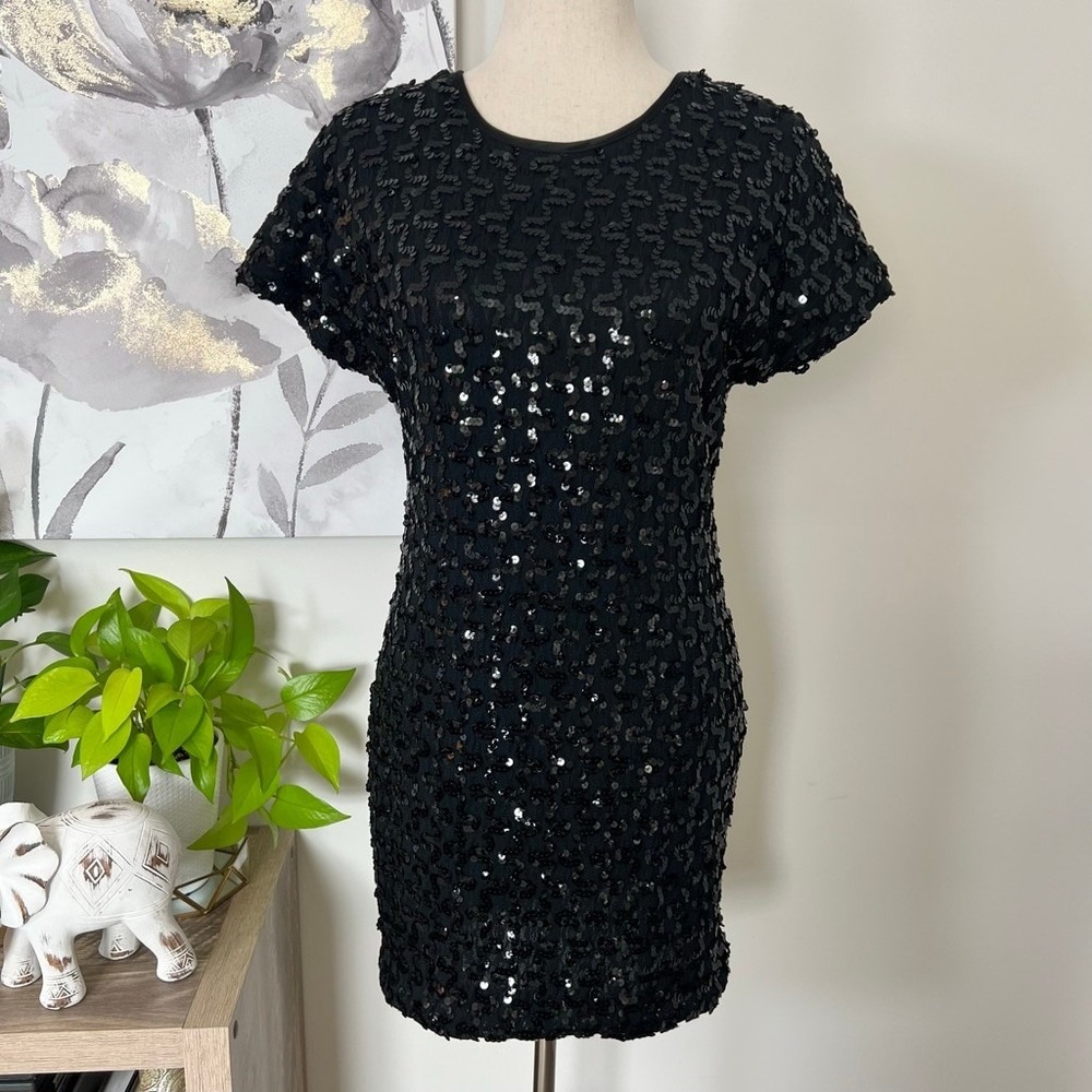 Vtg Petite Lanz Black Sequin Bodycon Cocktail Dress Made in USA Holiday Party